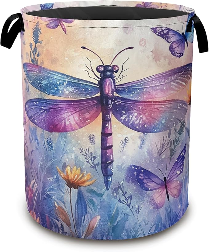 Dragonfly Butterfly Laundry Hamper,Collapsible Laundry Baskets,Colorful Wild Flowers Dirty Clothes Baskets with Handles,Oxford Cloth Hamper for Bedroom,Bathroom,College Dorms, 16"x20"