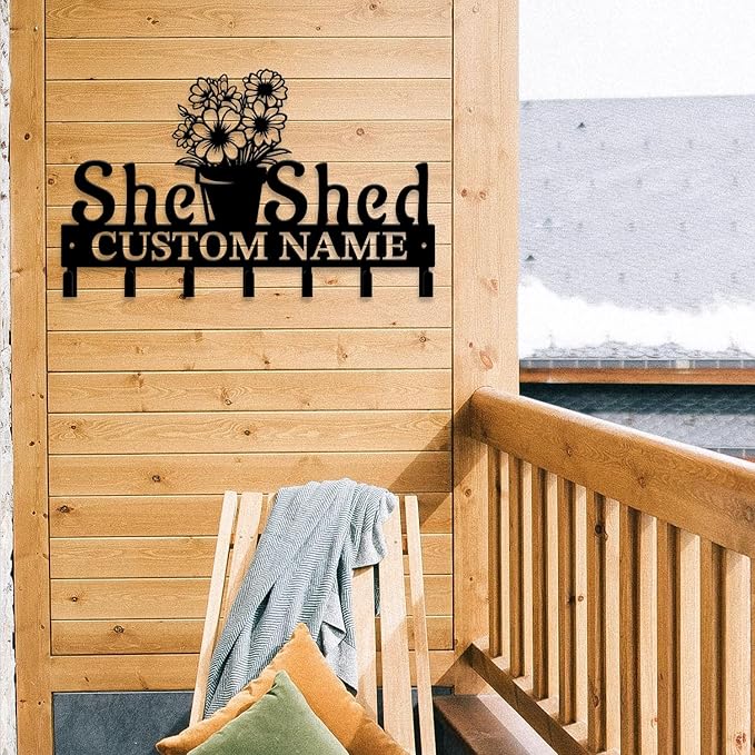 Personalized She Shed Metal Keys Hooks,Custom Name Metal She Shed Keys Hooks,Black Metal She Shed Wall Home Storage Decorative Keys Hooks,Key Holder Hooks for Wall (Style J)