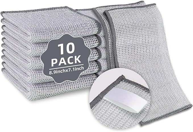 PIPUHA 10 Pack Stainless Steel Scrubber, Reusable Diamond Weave Scrubber Cloths, Non-Scratch Heavy-Duty Metallic Fiber Cleaning Cloth for Kitchen, Multi-Use Dishwasher Rags