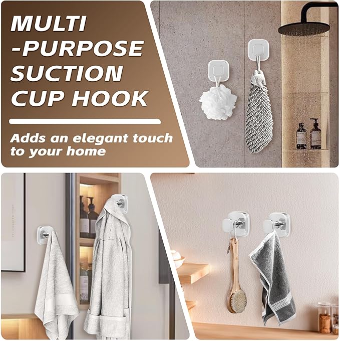 Suction Cup Hooks for Shower Heavy Duty No-Drill– Reusable Multi-Purpose Hooks Adheres to Glass, Mirrors, Tiles & Smooth Surfaces for Towels, Robes, Loofah& Body Sponge (2, Chrome Polished)
