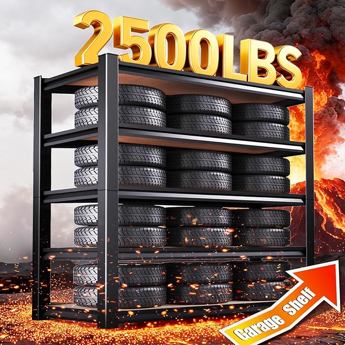 5-Tier 72”H Garage Shelving, Adjustable Garage Shelves, 2500 Lbs Storage Shelves Heavy Duty, Garage Shelf for Tool Organization, Storage Shelves for Basement, Warehouse, Black (72''H×35.4''W×15.7''D)
