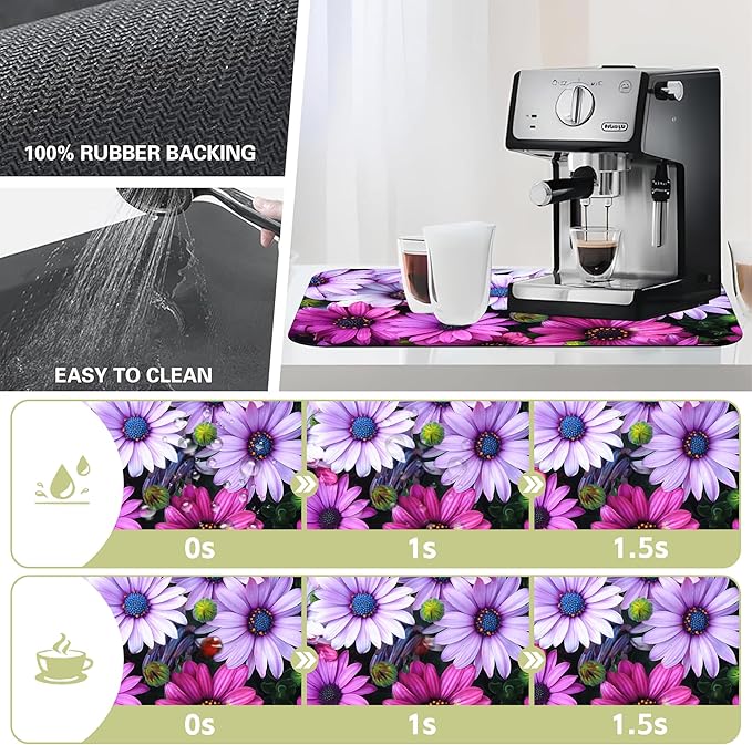 Kitchen Mat Beautiful Purple Flowers Dish Drying Mat 12"x19" Bsorbent Coffee Maker Mat for Sink Dishes or Under Rack Kitchen Counter Accessories Absorbent Hide Stain Rubber Backed Dish Drying Pad