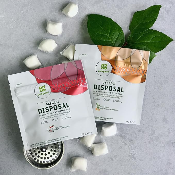 Grab Green Garbage Disposal Freshener and Cleaner Pods, 12 Count, Thyme with Fig Leaf Scent, Plant and Mineral Based, Removes Odors, Loosens Grime, Prevents Clogging