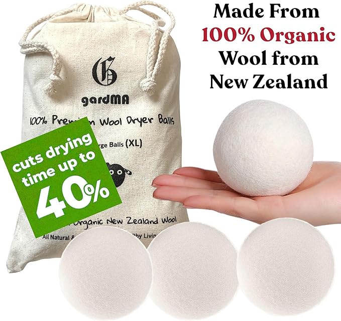 Wool Dryer Balls – 4 XL Organic Wool Balls, Reusable Natural Fabric Softener, Reduce Drying Time, Wrinkles, Static & Laundry Clumping, Eco-Friendly Laundry Balls