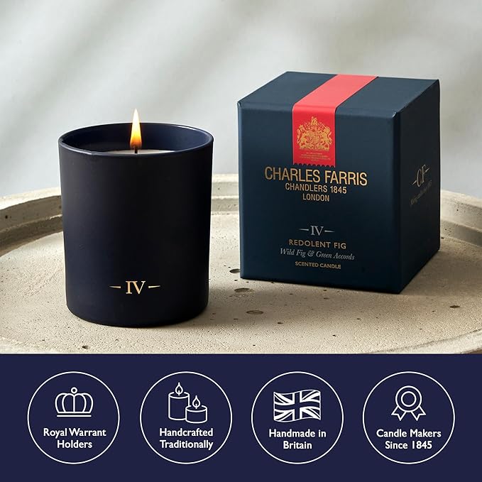Charles Farris Luxury Scented Candle – 1 Wick, Hand-Poured, Long Lasting, Clean Burning, 210g / 7.5oz, Burns for up to 50 Hours, Made in England – Wild Fig & Green Accords – Redolent Fig