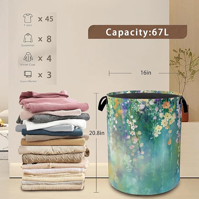 Abstract Flowers Laundry Basket,Spring Floral Collapsible Laundry Baskets with Handles,Waterproof Oxford Cloth Storage Basket 16"x20" for Bathroom/Bedroom/Dormitories