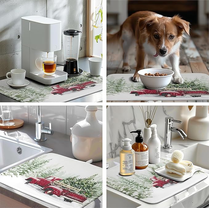 Wnoesat Christmas Dish Drying Mat Red Truck Xmas Tree Drying Mats for Kitchen Counter Winter Holiday Dishes Drainer Mats Absorbent Microfiber Dish Draining Pad Extra Large 18x24 Inch