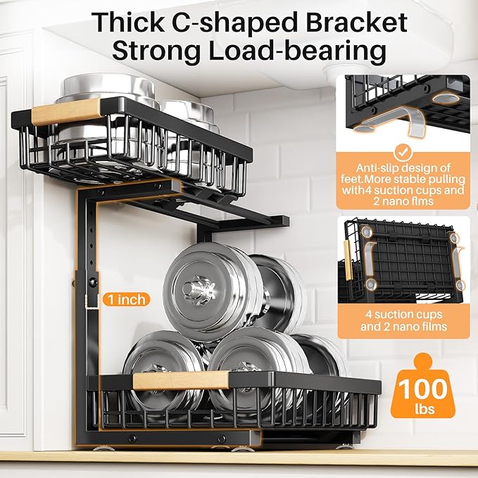 PXRACK Under Sink Organizer, Adjustable Height, 2 Tier Pull Out Under Cabinet Organizer, Slide Out Thickened Metal Under Sink Storage for Kitchen Bathroom Laundry Pantry Cabinet, 2-Pack, Black