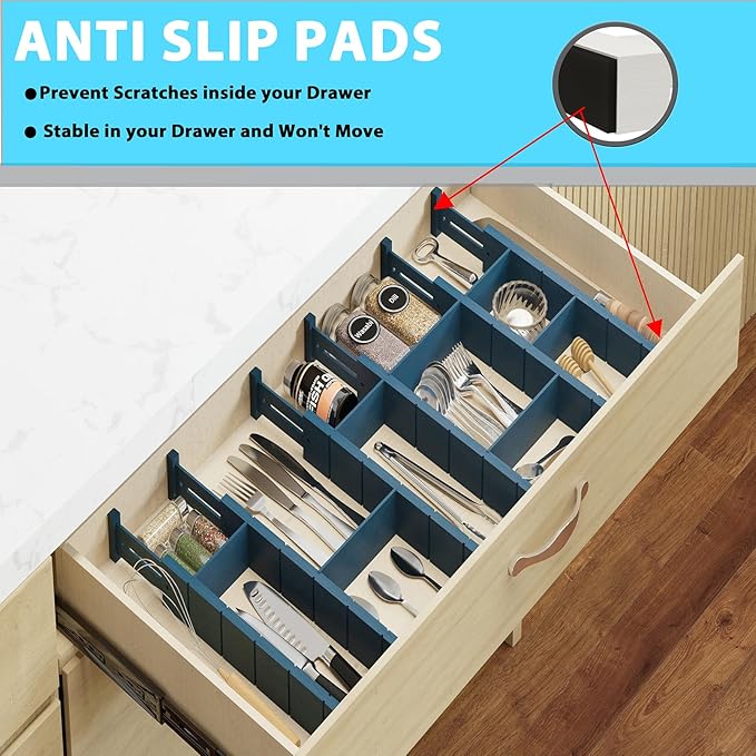 GZOOGHOME 6 Pack Bamboo Drawer Dividers with 12 Inserts, Expandable Adjustable Clothes Drawer Organizers and Storage from 17" to 22" for Kitchen, Bedroom, Dresser, Cosmetics (Navy Blue)