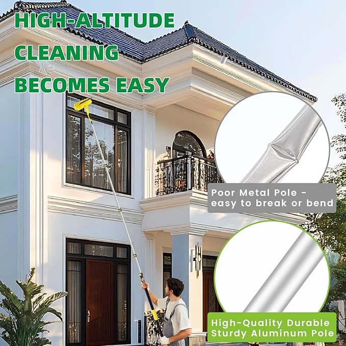 225'' Long Reach Window Squeegee with Telescoping Extension Pole, 2-in-1 Indoor/Outdoor Cleaning Tool with 270° Rotatable Head, Lightweight Alloy Aluminum Pole for Shower Door, Mirror, Car Windshield