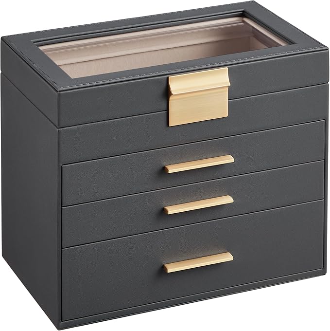 SONGMICS Jewelry Box Organizer with Glass Lid, 4-Layer Jewelry Storage, with 3 Drawers, Modern Style, 6 x 9.9 x 8.5 Inches, Interstellar Gray and Gold Color UJBC161C01