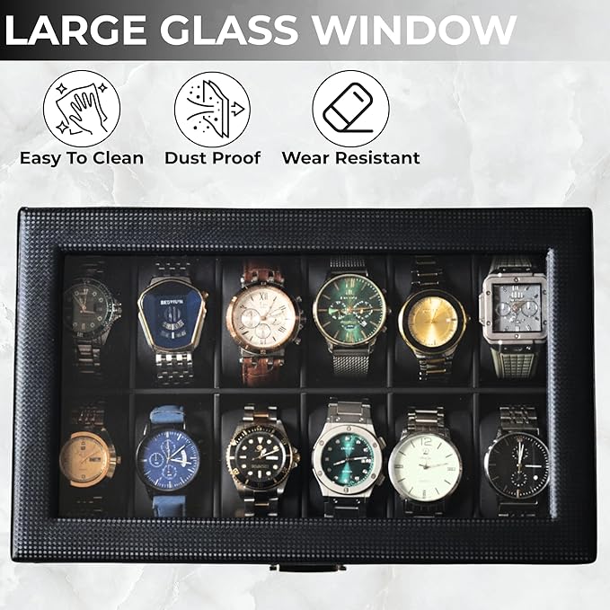 12-Slot Watch Box in PU Leather with Valet Drawer, 2-Tier Luxury Watch Case Display Organizer for Men Women, Sunglass Holder & Mens Jewelry Box With Glass Top, Ideal Gift for Watch Storage (Carbon)