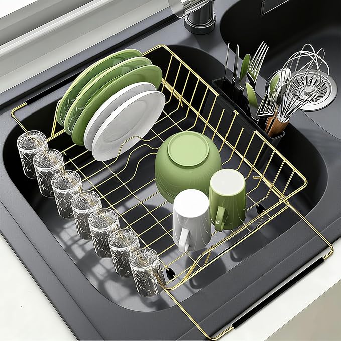HAYAWEY Golden Expandable Dish Drying Rack-Extra Large Stainless Steel Dish Drainer Over The Sink for Kitchen Countertop with Utensil Holder, Applicable for Sink Width 16'-22' (Gold,23.2'*12.2')