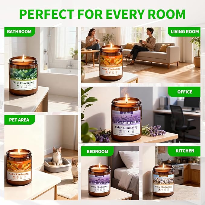 4 Pack Odor Eliminating Candles Set - Eliminates 95% of Pet, Bathroom, Food & Other Smells - Hand Poured Non-Toxic Soy Candle, Air Freshing Scent of Lavender/Orange/Mint/Cotton - Gifts Set for Women