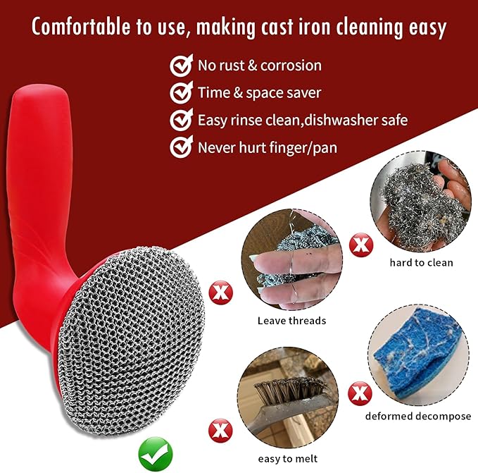 Cast Iron Cleaner Scrubber with Handle -3mm Welded Chain Mail Cast Iron Grill Scrubber Brush-Chainmail Sponge Scrub Cleaning Tool to Clean Skillets, Pan,Griddle, Wok