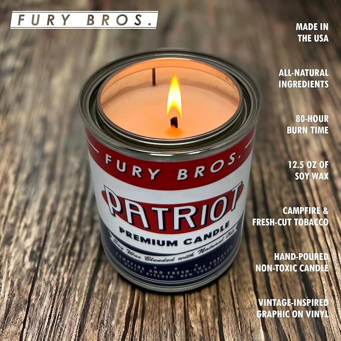 Fury Bros. Scented Candles for Men | Patriot | Campfire & Fresh-Cut Tobacco | Natural Soy Wax | Hand-Poured in The USA | Long 70-80 Hour Burn (12.5 oz) | Vintage-Inspired Tin Design | Dad Home Gift
