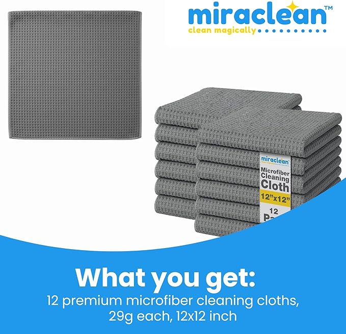 MIRACLEAN Waffle Weave Microfiber Cloths - 12 x 12 inches - Lint Free Cloth, Streak-Free Absorbent Microfiber Glasses Cleaning Cloth, Screens, Dusting & Appliances - 12 Pack Premium Cloth Wipes