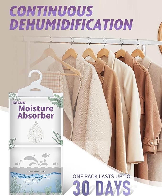 Ksend Moisture Absorbers 8 Packs - 9.8 oz Dehumidifier Bags, Portable Moisture Hanging Bags for Closet, Bathroom and Kitchen, Fragrance Free, 11.8'' x 6.3''