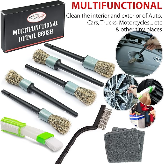 TAKAVU Complete Car Detailing Brush Kit (10 Piece) - Boar Hair Detail, Wire & Vent Brushes with Microfiber Towel for Wheels, Interior, Engine Bay Cleaning