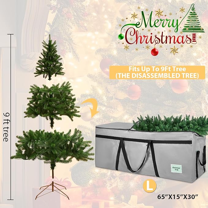 9 ft Christmas Tree Storage Bag, Heavy Duty Christmas Tree Bag with Reinforced Handles and Dual Zippers Wide Opening, Large Capacity fits for Artificial Christmas Tree (Grey, 9 ft)