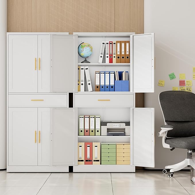 CJF White Kitchen Pantry Cabinet,71 Inch Tall Metal Storage Cabinet with Adjustable Shelves and 1 Drawer, Freestanding Pantry Cabinet for Kitchen, Living Room, Dining Room, Bathroom, Easy to Assemble