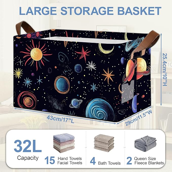 Celestial Planet Collapsible Storage Box,Sun Star Organizer Bin with Handles for Room Decoration,Bins Book Basket Box 17x11.5x10Inch