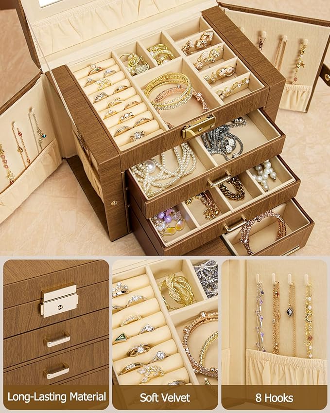 Homde 2 IN 1 Jewelry Box for Women Girls with Small Travel Case Mirror Necklace Ring Earrings Organizer (Brown + Gold)