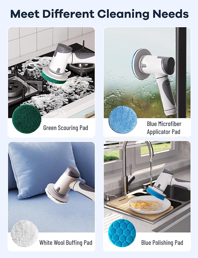 Wildley Electric Spin Scrubber,Power Scrubber Dual Speeds Cordless Shower Scrub Brush with Handle,Cleaning Brush with IPX7 Waterproof,8 Brush Heads for Kitchen,Tile,Tub (Short Purple)