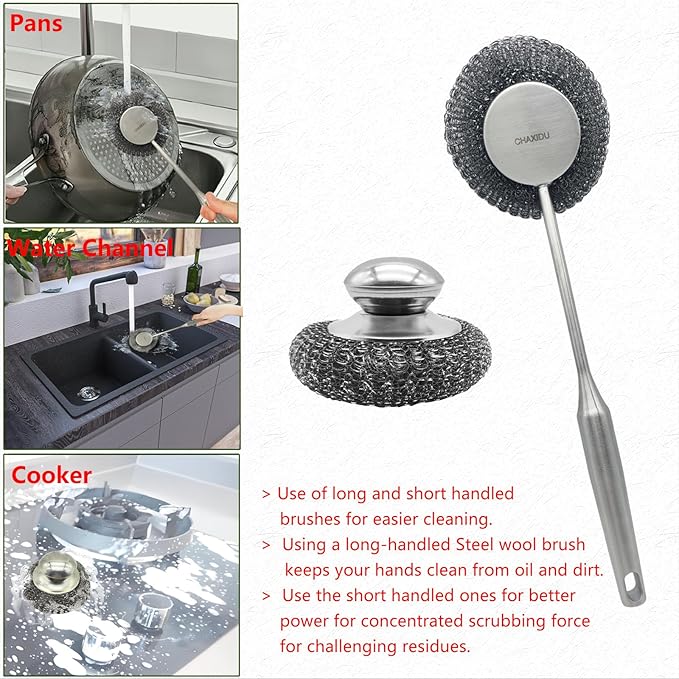 CHAXIDU Stainless Steel Wool Scrubber Set, Long Handle & Handle Brushes,Metal Brush for Pots, Pans, Grills & Cutlery Cleaning (3 Pack)