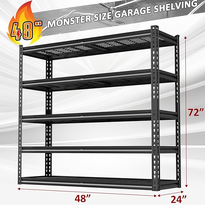 VDEVY 48" W Garage Shelving Heavy Duty,5-Tier Storage Shelves,3030LBS Adjustable Metal Shelving Units for Basement, Kitchen,Commercial,Warehouse,Pantry, 48" W x 72" H x 24" D