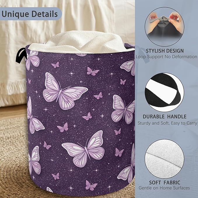 Purple Butterfly Laundry Basket,Oxford Cloth Laundry Hamper with Handle Foldable Portable Clothes Storage Basket for Bathroom Bedroom Dorm Room 16" x 20.8"