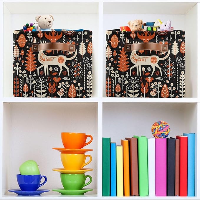 ALAZA Orange Tree Deer Merry Christmas Foldable Storage Box Storage Basket Organizer Bins with Handles for Shelf Closet Living Room Bedroom Home Office 2 Pack