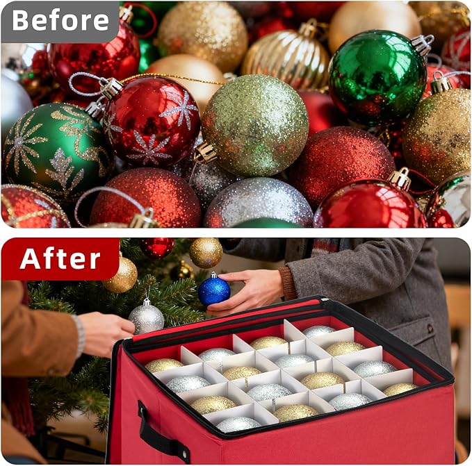 JY COOKMENT Christmas Ornament Storage Box with Adjustable Dividers, Premium Holiday Ornaments Storage Container Bin with Zippered Top for Xmas Decorations (64-3" Balls, Red, With Tray)