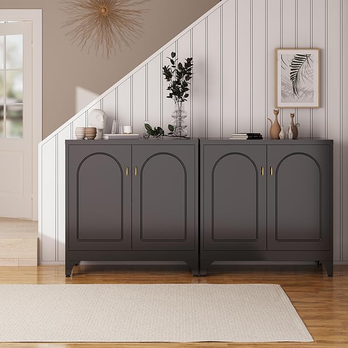 Metal Storage Cabinet with 2 Doors, 33"H Black Sideboard Cabinet, Small Kitchen Cabinet with Adjustable Shelf, Coffee Bar Cabinets, Storage Cabinets for Bedroom, Living Room, Kitchen, Office