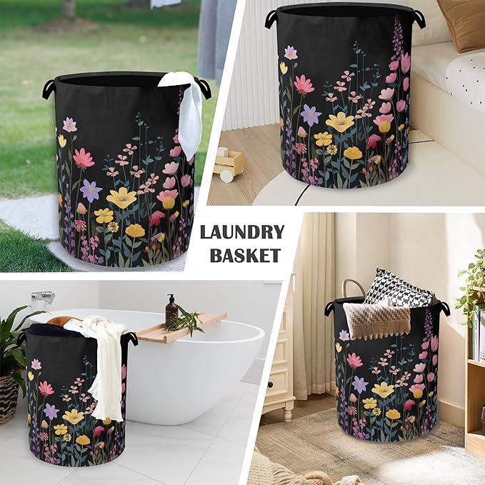 Vintage Wildflowers Laundry Basket,Garden Herb Oxford Cloth Laundry Hamper with Handle Foldable Portable Clothes Storage Basket for Bathroom Bedroom Dorm Room 16" x 20.8"