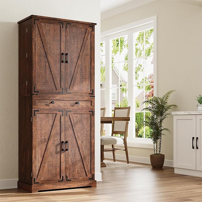 ELYKEN 72" Kitchen Pantry Storage Cabinet with Barn Doors, Pull Out Shelves & Drawer Organizer, Farmhouse Tall Kitchen Cupboard Cabinet, Wood Food Pantry for Kitchen Dining Room, Rustic Brown