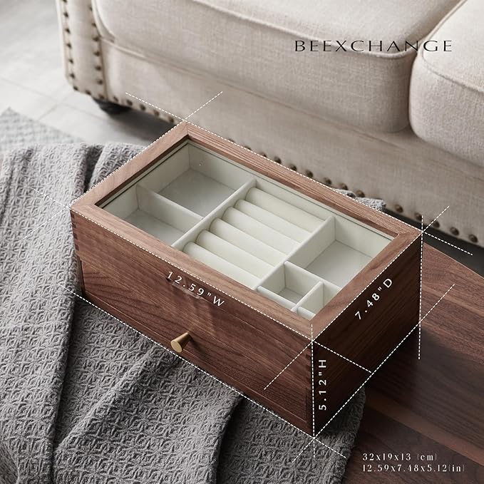 Beexchange Black Walnut Wooden Jewelry Box - Allwood, Handcrafted, Glass Lid 1 drawer. Gift for Women, Men, and Girls. Jewelry Organizer Storage(Double-Layer)