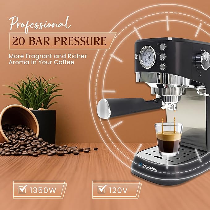DRINKPOD 20 Bar Espresso Machine – Coffee & Espresso Maker Combo with Milk Frother Steam Wand, Stainless Steel Cup Plate, and 1.5L Removable Water Tank – High Pressure Espresso Maker