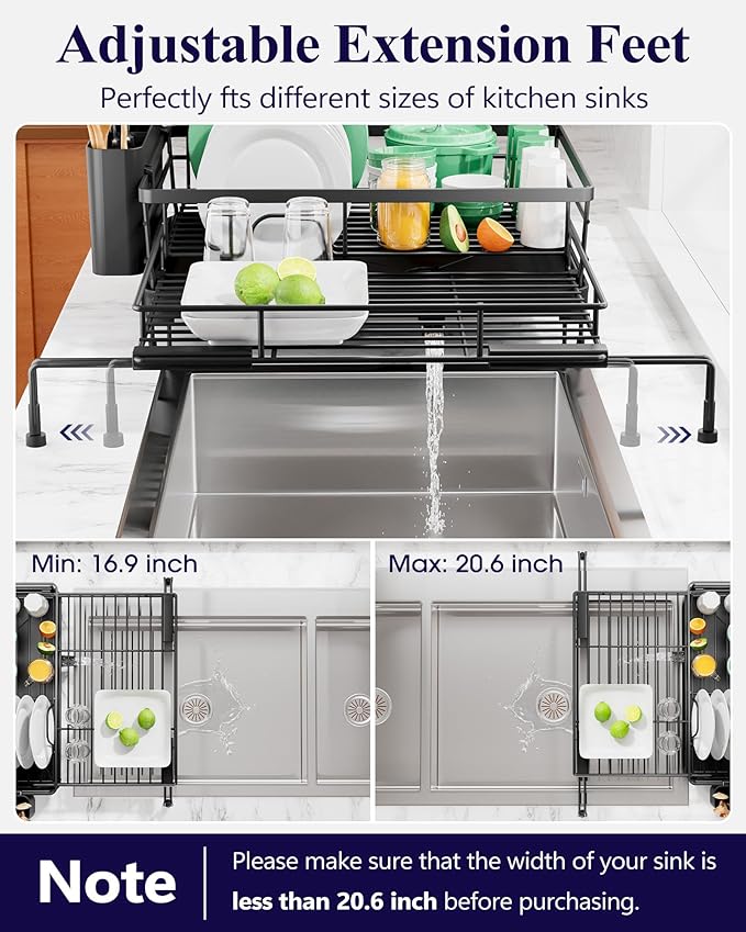 Kitsure Extendable Dish Drying Rack - Rust-Resistant Dish Racks for Kitchen Counter with Adjustable Support Legs, Cutlery Holder & Removable Draining Tray (Black, 15.6''-25.2''L × 16.9''W × 8.1''H)