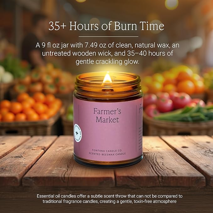Fontana Candle Co Wood Wick Beeswax Jar Candles, Farmer's Market - Made with Coconut Oil & Pure Essential Oils – Clean Burn, Long Lasting and Non-Toxic Candles for Home & Room Decor