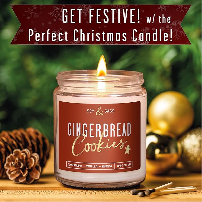 Gingerbread Candle, Christmas Candles Scented ? ?Gingerbread Cookies? Soy Candle, w/Gingerbread, Cinnamon & Vanilla - Infused with Essential Oils I 9oz, 50Hr, Made in USA
