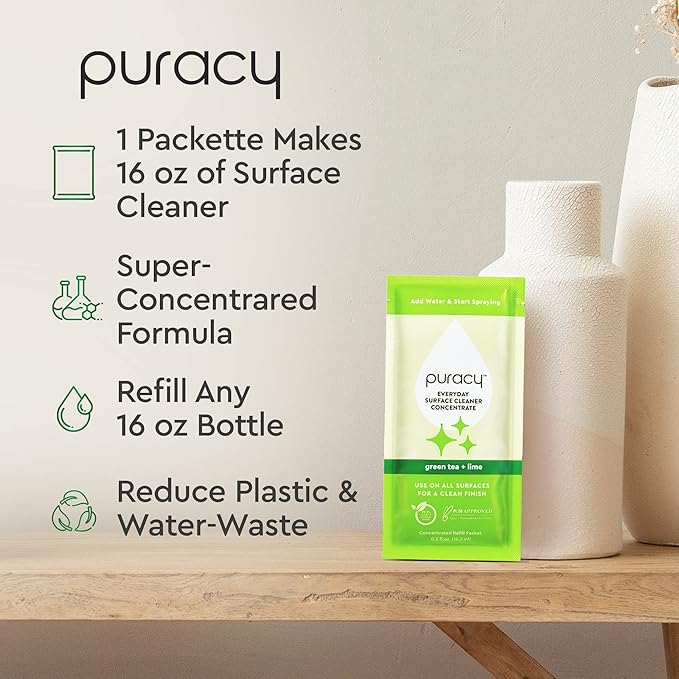 Puracy Multi-Surface Cleaner Packette - Plant-Powered Everyday Surface Cleaner - Natural All Purpose Cleaning Solution As Seen on TikTok (Green Tea & Lime, 0.5 fl oz)