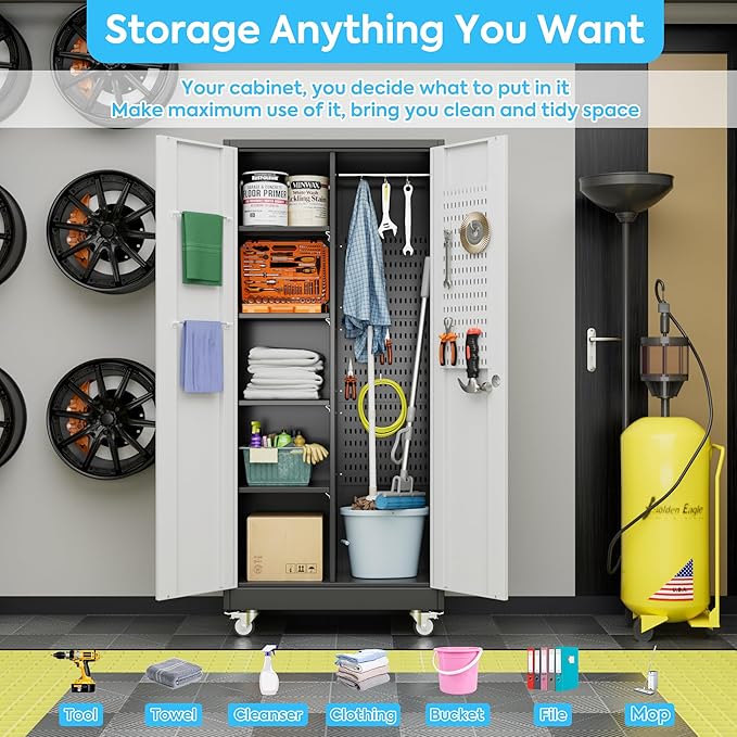 Metal Broom Closet Storage Cabinet with Hanging Rod, 71" H Garage Storage Cabinet with Wheels and Pegboard & 13 Hooks for Garage, Home, Black and White, Assembly Required