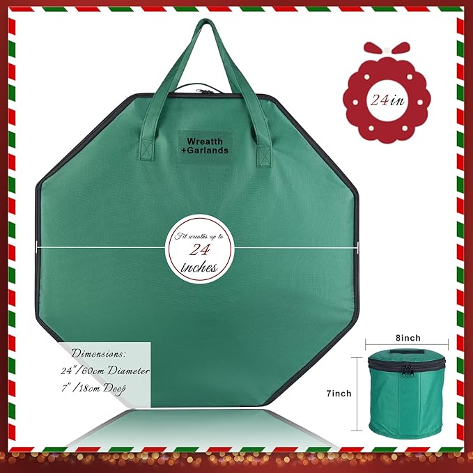 Wreath Storage Christmas Garlands Bag with Interior Pockets Large Xmas Container Box for Holiday Decorations Case with Dual Zipper and Handles Window Labeling Card Slot 24" Green