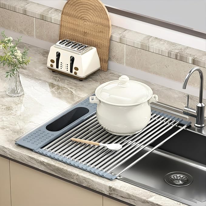 KEGFRES Roll Up Dish Drying Rack Over Sink, 17.5" x 15.2" Foldable SUS304 Stainless Steel Kitchen Dish Drainer, Heat-Resistant Multipurpose Rolling Sink Rack Organizer,Grey