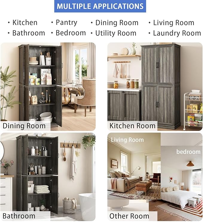 71'' Tall Pantry Cabinet Set of 2, Farmhouse Kitchen Pantry Storage Cabinet with Barn Door and Adjustable Shelves, Rustic Wood Freestanding Cupboard for Kitchen, Dining Room, Grey
