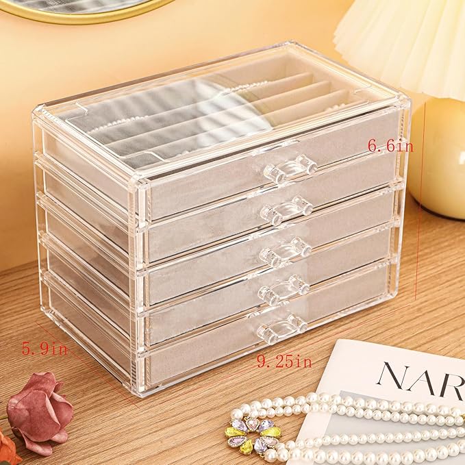 5 Drawerss Necklace Organizer Box, Tray with Clear Lid, Dustproof Velvet Necklaces Holder Storage Display Case, Gery Necklace Tray Drawer Insert for Pendant Suitable for Women and Girls (25 grids)