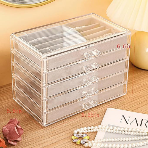 5 Drawerss Necklace Organizer Box, Tray with Clear Lid, Dustproof Velvet Necklaces Holder Storage Display Case, Gery Necklace Tray Drawer Insert for Pendant Suitable for Women and Girls (25 grids)