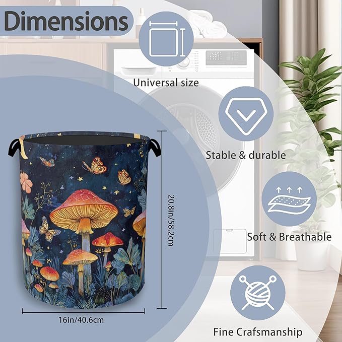 Mushroom Laundry Basket,Butterfly Moon Foldable Oxford Cloth Tote Bag Laundry Hamper Clothes Storage Bucket Organizer for Bedroom Laundry Storage Dormitories 16" x 20.8"