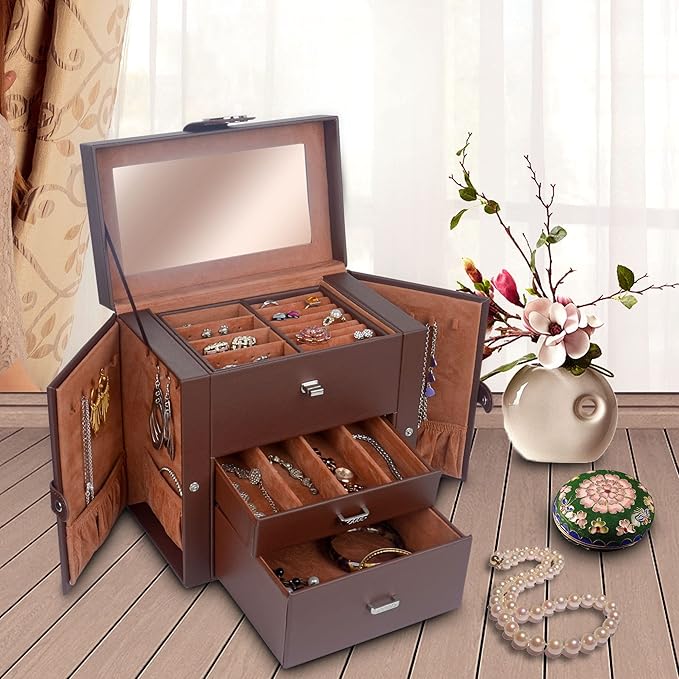 Kendal Jewelry Box for Women, Leather Jewelry Organizer with 2 Drawers and Mirror, Portable Travel Case for Necklace, Ring, Jewelry LJC08BRN